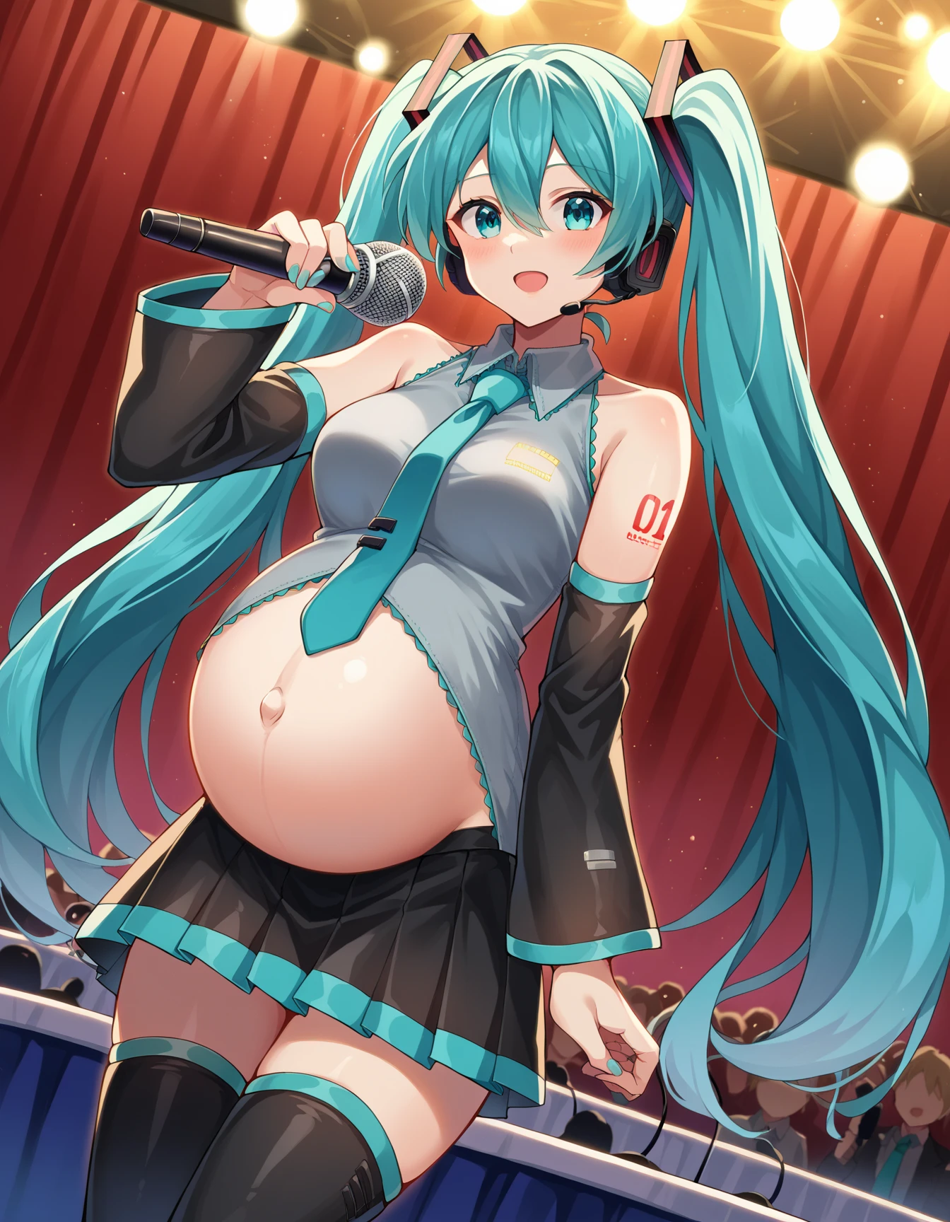 (best quality,4k,8k,highres,masterpiece:1.2), ultra-detailed, (realistic,photorealistic,photo-realistic:1.37), HDR, UHD, studio lighting, ultra-fine painting, sharp focus, physically-based rendering, extreme detail description, professional, vivid colors, bokeh, portraits, photography, (best quality,masterpiece:1.3), (mature woman, milf), (tall:1.2), anime, masterpiece, beautiful eyes, best quality, detailed face, 1girl, solo, beautiful, miku hatsune, ahoge, aqua eyes, aqua hair, crossed bangs, hair between eyes, hair ornament, headphones, long hair, twintails, aqua necktie, black footwear, black skirt, black sleeves, boots, collared shirt, detached sleeves, grey shirt, necktie, pleated skirt, shirt, skirt, sleeveless, sleeveless shirt, thigh boots, tie clip, taut clothes, taut shirt, cowboy shot, huge breasts, huge belly, bloated belly, stuffed belly, plump, chubby, curvy, chubby girl, belly, big belly, fat belly, soft shading, detailed, semi-realistic, sciamano240