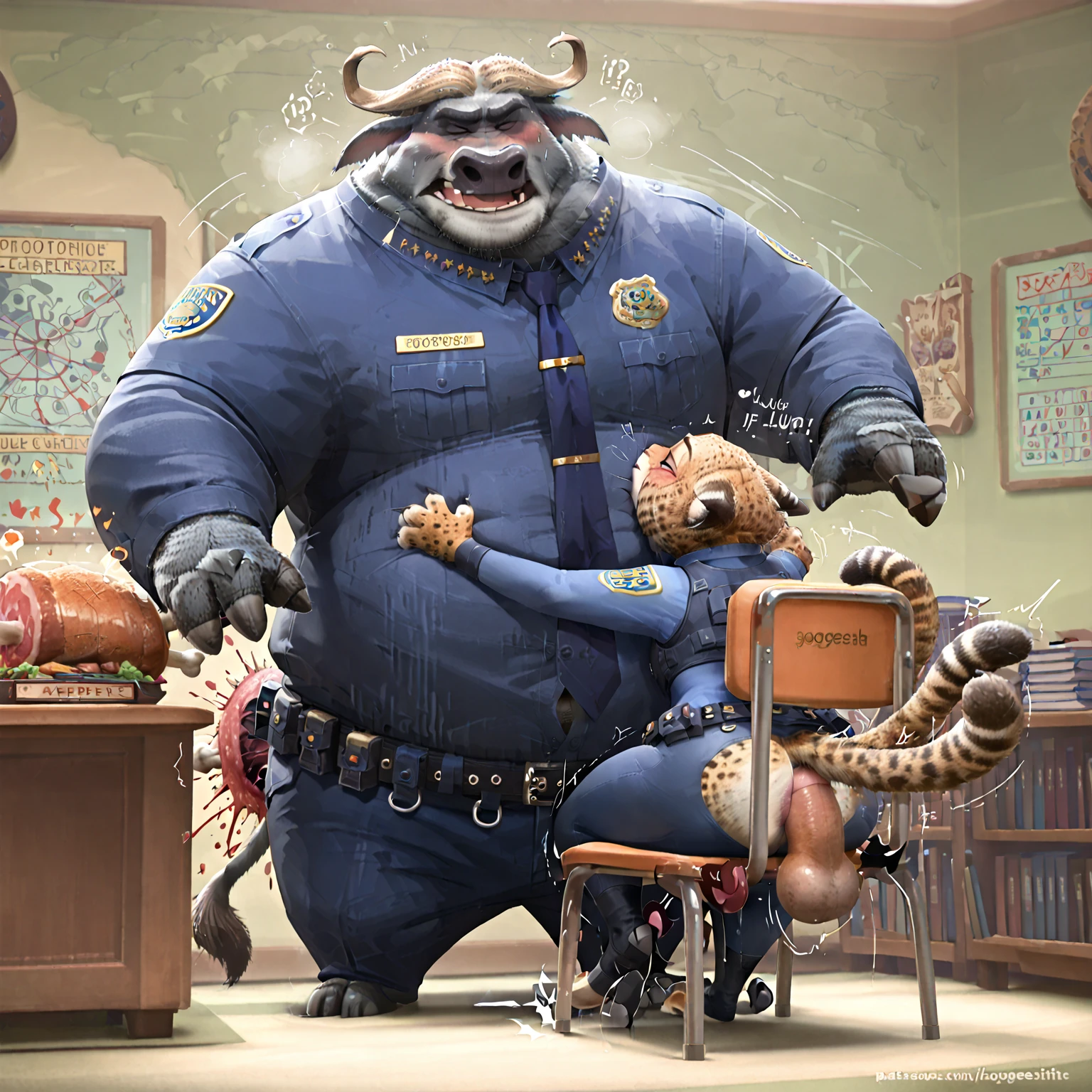 top quality, photorealistic, Ultimate Details, Zootopia, Moonlight Shines In {x} Clauhauser the Chubby Cheetah, Stretchy Shirt Buttons, plump body, whiplash body, Swaying fat, Thick Fat Layer, Flesh to Meat Rubbing Each Other, Stubby Limbs, Sound of Meat Colliding, Shaking belly, Squishy Arms, plump thighs, Love on the Desk, with soft flesh,  Thick Heated Body, Deep Flesh Folds,   meat, Heavy Breathing, Thick Neck, Heavy Hug, Weightful Hug, Thick ,  Police Chief's Office, Squeaky High Chair, Scattered Documents, Overlapping Giants, Unbuttoned Uniform, Intense  Bonding Scene, Strong Physical Adhesion,  Sturdy Water Buffalo Chief Bogo, Night Shift, Closed Blind, Hot Body,  lots of sweat, Killing Indoors, Squeaky Luxury Chair, Heavy Hug, Swaying fatの波打ち, Tight Tall Necktie, Sensual Panting