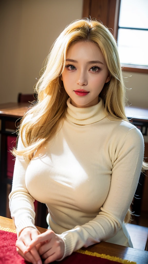 ((Highest quality, 8k, masterpiece :1.3)), Sharp focus :1.2, Beautiful woman with perfect figure :1.4, Slim Abs :1.2, ((Big Breasts, Emphasize cleavage:1.3)), (Photorealistic:1.4), (realistic:1.4), Highly detailed face and skin texture, Fine grain, double eyelid. Makeup face. A little bit of lipstick, necklace, Earrings, sex appeal, Sexy gravure pose, ((Beautiful woman wearing a black turtleneck and jeans。The background is an urban cafe。A relaxed smile on your face。Her hair is long and blonde.。:1.3)