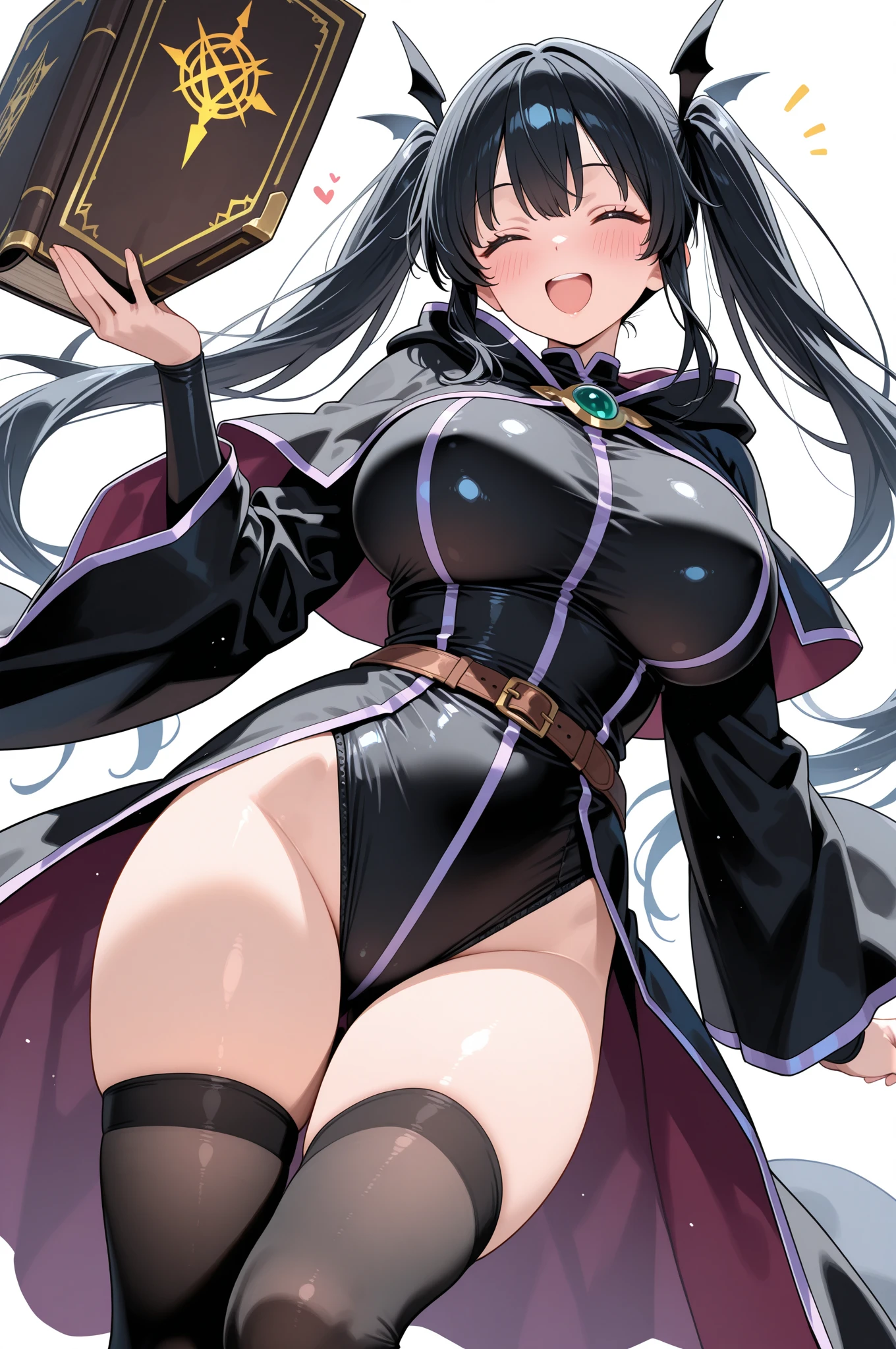 Witch priestess, long untied hair, pinched eyes, big tits, thick thighs, (dark black one-piece stockings: 1.6), smile