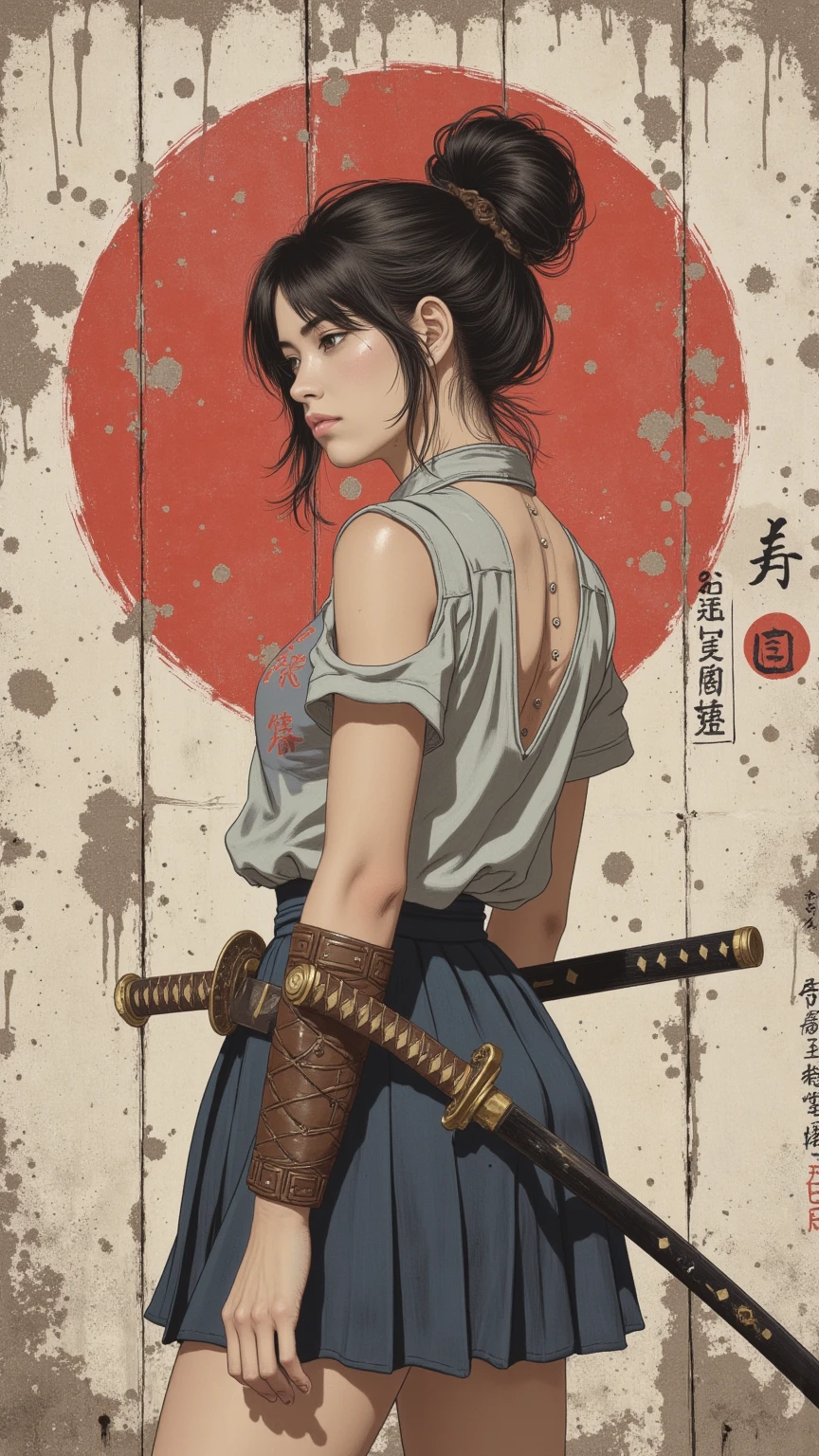A young Asian high school girl, side view, looking down seriously. Her body is effectively curved, shoulders thrown back, and arms loosely lowered along her body. Her head is slightly turned towards the viewer. She has very dark hair, gathered in a high, careless bun on top of her head. She wears a slightly modified, battle-worn high school uniform that reveals her bare arms and shoulders, adorned with leather armbands. Two katanas are present: one is sheathed on her back, and the other is on her belt on the other side. The image is rendered in sepia tone. The background is an old, worn, and dirty urban wall, once painted white, with Japanese calligraphy and hieroglyphs. A large stylized red circle resembling a Japanese flag is carelessly painted with a large brush, with streaks and splashes of red paint. The background also features the texture of worn wood and dirty splashes streaked across the entire surface. The overall art style is colorful and slightly rough, like a battered antique poster. The color scheme is muted and dim. The emphasis is on details and a sense of calm power. Ukiyo-e, Samurai-style, ink graphics. Lines of movement, Framed within a frame. masterpiece, super detail, 8k.

