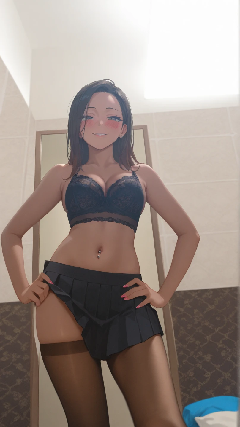 woman in a skirt and bra posing for a photograph, 22 years old, hips and skirt, camera looking from below, girl in tights, in a gray skirt, touching her breasts with her hands, holding her breasts, anime, illustration, girl in a pink bikini posing for a selfie, Sexy image on camera, young and cute girl, sexy hot body, sexy pose, sultry and alluring, in a pink bra, against the background of a yellow wall, black hair , evening makeup, brown eyes, lighting behind