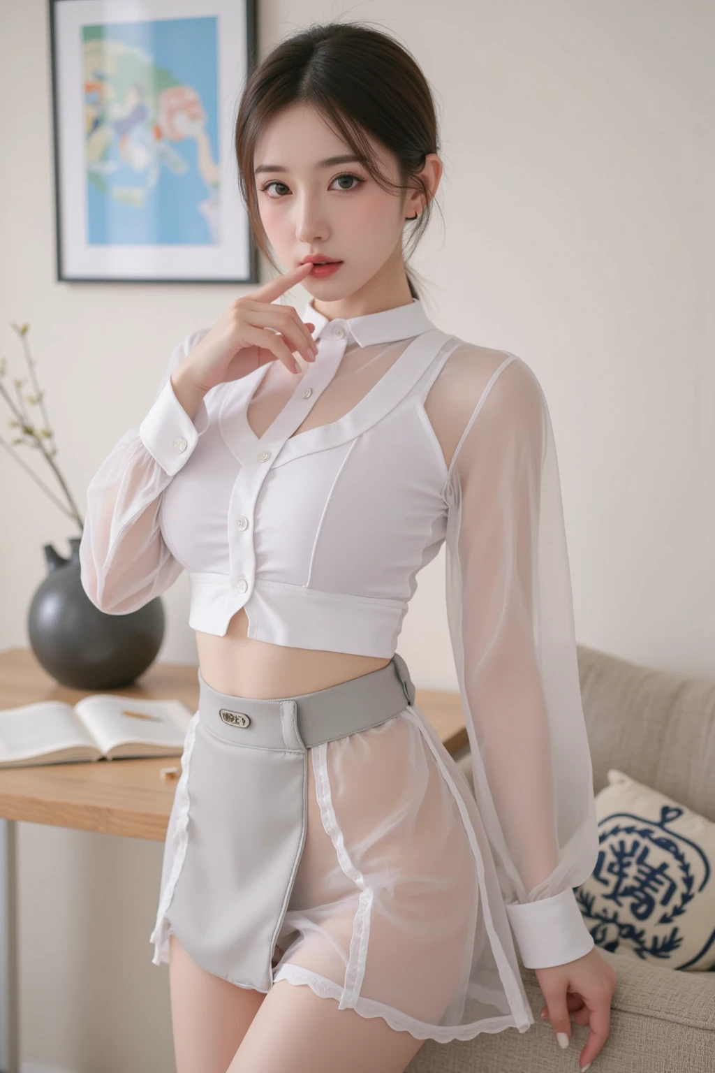 arafed asian woman in a white shirt and shorts, thigh xianxia, thigh, smooth white tight clothes suit, trending at cgstation, xintong  ling, jia, gorgeous chinese model, smooth translucent white skin, korean girl, milky white skin, sha xi, li zixin, sexy pose, open shirt