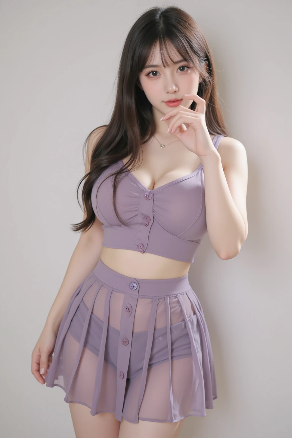 (purple background: 1.5), anatomically correct, Sitting on a chair, 8K, highest quality, ultra high resolution, table top, realistic, realistic, high contrast, photon mapping, realistic, ultra detail, Low - Angle: 1.3, 1 girl, alone: 1.5, whole body, downtown, kpop star, K-POP idol, KPOP Costumes, sexy, (Luxurious sexy red lingerie), flashy makeup, blazer: 1.2, short skirt: 1.2, blouse, Raw legs, high heels, 100 degree spread legs: 1.5, M-shaped legs, thighs open: 1.5, long brown hair, See-through wet white panties: 1.5, Panties visible from under the skirt: 1.3, expensive, Height is 170 cm, long legs: 1.2, small breasts, beautiful face: 1.2, Detailed female pubic shape is clearly visible: 1.3, pubic hair: 1.3, :1.3、rough skin
