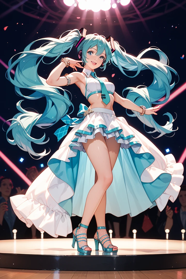Light blue long hair、Beautiful girl with twin tails、Beautiful rings、Great smile、Bright smile、Wedding dress、Showing off a shining ring、Seven-colored confetti is dancing