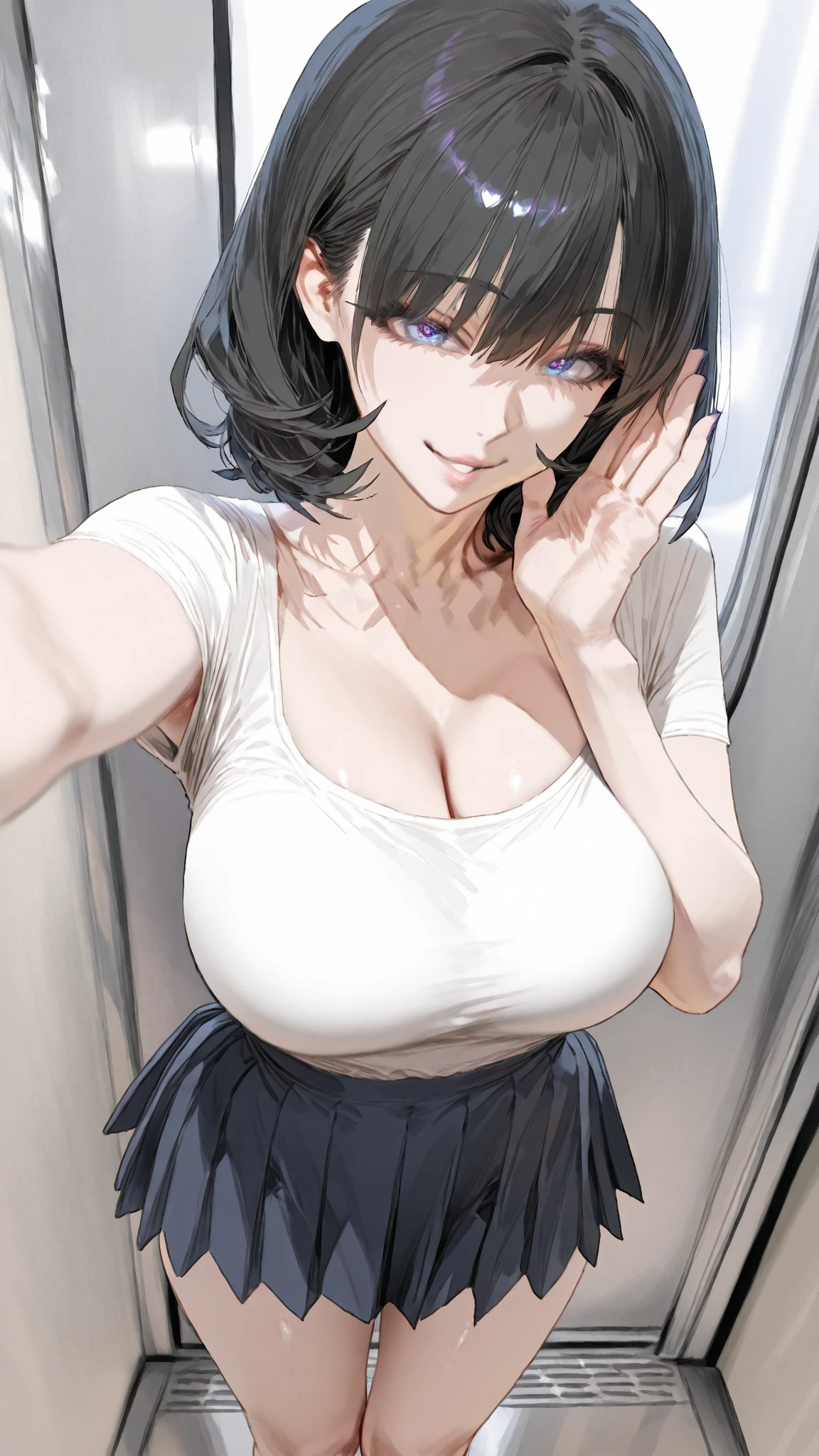(masterpiece:1.2, best quality), 1lady, solo, upper body, huge breasts, (latex skin, selfie:1.15), (face focus:1.2), top view,  white maxi dress, Museum, (black short hair), round earrings,