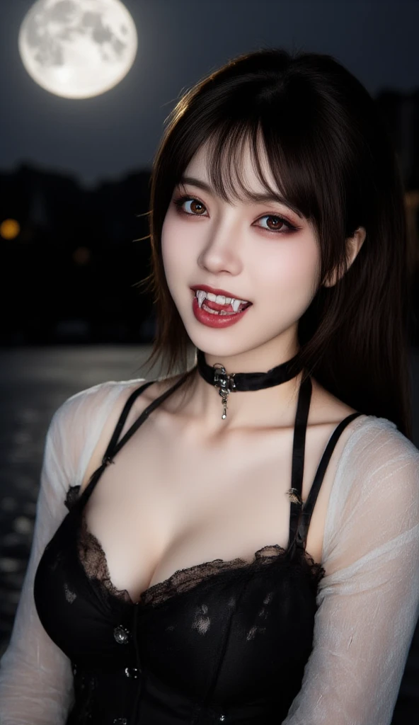 (highest quality, masterpiece:1.3, 超A high resolution), (Very detailed), RAW shooting,Very detailed,High resolution, Human skin close-up, The skin texture is natural, It must be detailed enough to be easily identifiable, Skin should look healthy and have an even tone, Use natural light and color, ((Dark blue jacket、White shirt、mini skirt)), ((Mountain, blue sky, The body is slim)), 1 girl, Japanese, 18-year-old, cute, Long Hair, smile, Turn your body forward, (View from the front:1.1), Looking into the camera, focused on the chest, Light brown hair, ((Black choker)), Very long eyelashes, blue eyes, bangs、Long legs、(Outdoor, blue sky)、Big Breasts、(Vampire Fangs), Red lips、Double teeth、((Vampire Fangs, Sharp Fangs)), Woman with the fangs of a wild beast, SF