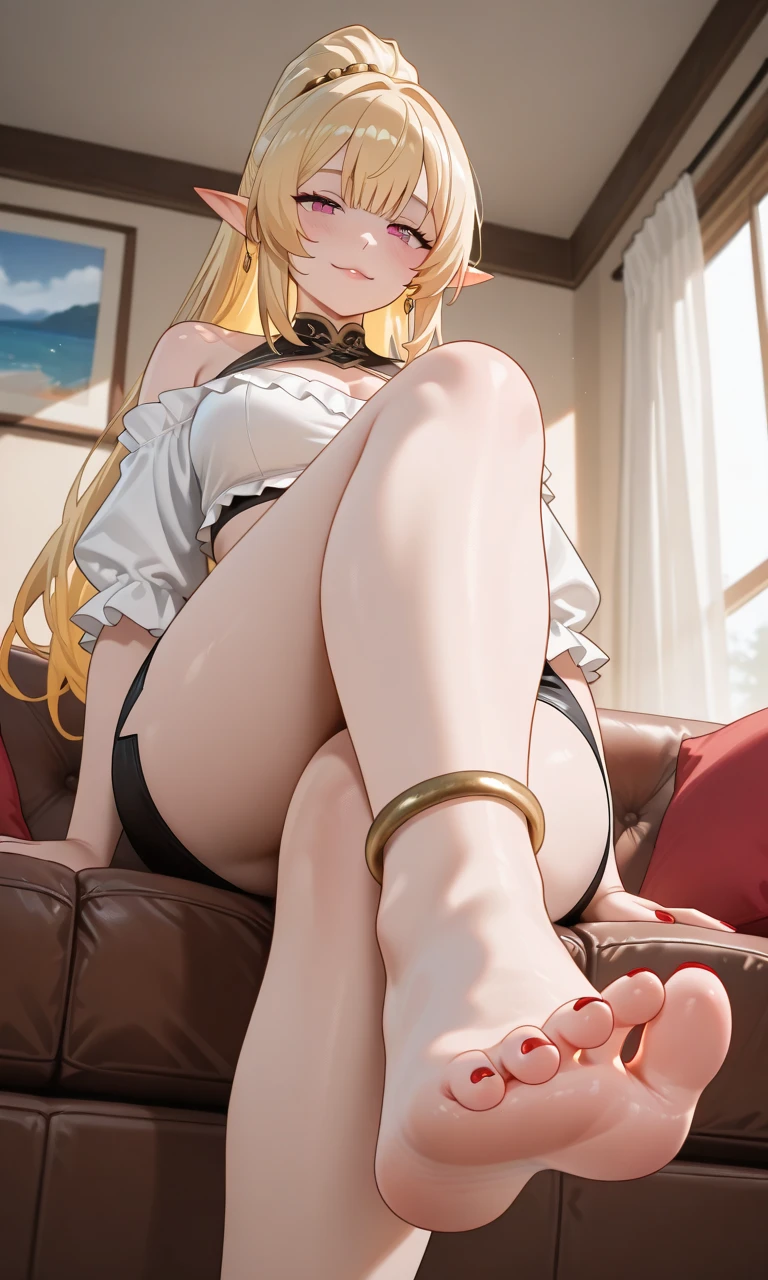 1girl、(((best quality)), ((masterpiece)), (details), masterpiece, best quality, high quality, ulutra detailed, perfect face, ((1girl, blond eyes, tiger ears: 1.3 blond long hair: 2.5,Mole under left eye:2.0))、Shiny Hair、Glowing Skin、Lustful look、China dress、Sitting on a Chinese-style sofa、Stiletto heels、