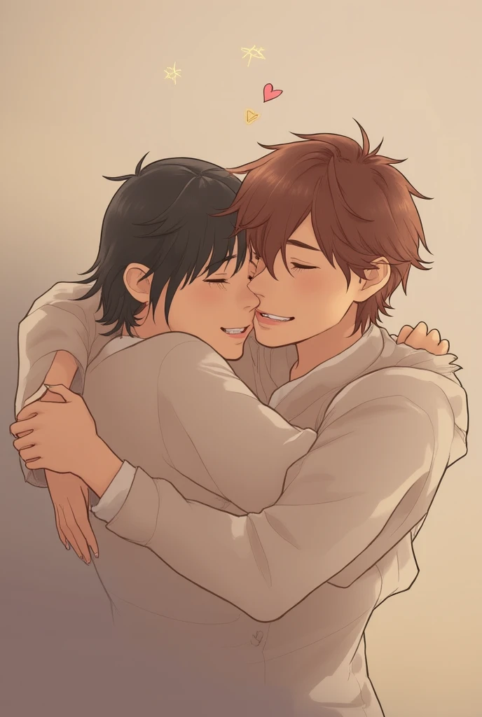 A very cute image of two men, they are in a kitchen, one of the men is cooking on the stove, while the other is hugging him and giving him a kiss on the cheek. They have just woken up, it is a beautiful day. The image has to be in anime.