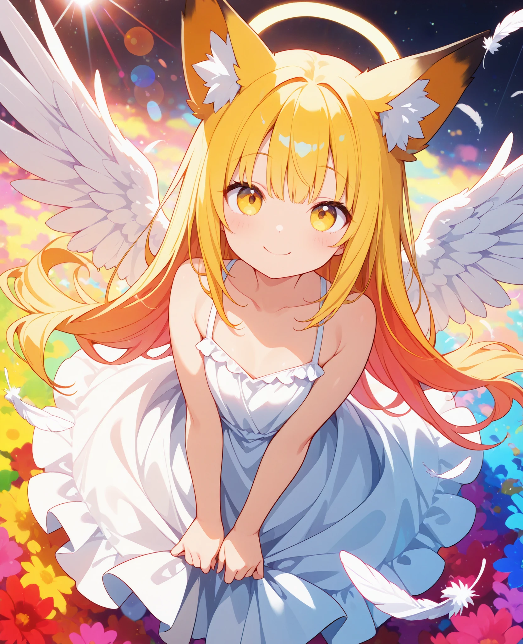 masterpiece), best quality, expressive eyes, perfect face,
((One cat-eared angel)), goddess-like atmosphere, (the screen is filled with tiny glowing objects like fireflies:1.2),standing, (full body1.4), (wideshot:1.3), (longshot:1.3),
22 years old, (medium sized breasts:1.2),
(golden theme),
BREAK
(brown eyes:1.4), (look at the vewer:1.3), (smile with downward drooping corners of eyes:1.3), (gentle smile:1.3),
BREAK
(light yellow cat ears:1.4), (inside the cat ears is paw-colored),
BREAK
light yellow hair, long hair, (two-side-up-hair under the cat ears:1.8),
BREAK
(a pair of wings on the upper body:2.0), (wide spread large wings:2.0), (shining golden feathered wings:2.0),
BREAK
(dress made entirely of yellow:1.8), off-shoulder, short sleeves, (tied with string at waist), (lots of gathers from waist down:1.4), (dress is midi-long:1.4),
BREAK
wide shot, daytime, (wide and green grassland in the background:1.6), (white flowers on grassland:1.3), (clear, wide, blue sky:1.5)