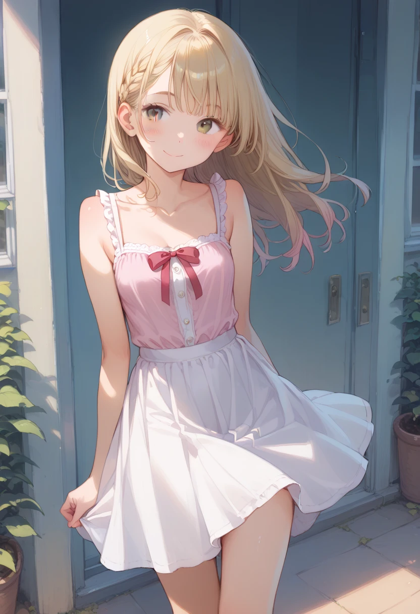 (Crossdresser),blonde low twintails,Her breasts are visible through the gaps in her clothes,Top view,