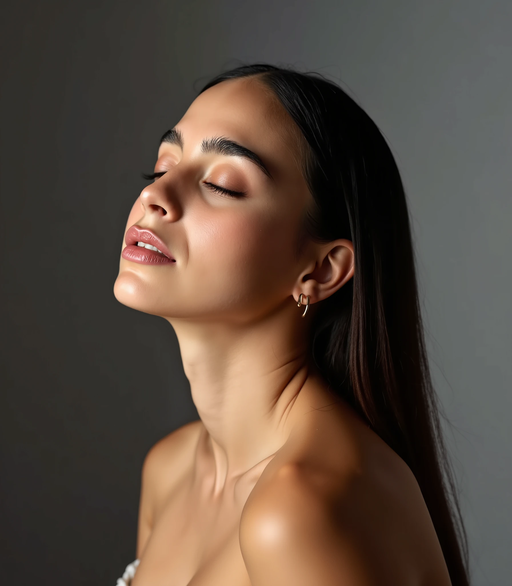 mel_barrera, A studio photography of a beautiful woman with her eyes closed, shot on sony a7riv camera, indoor, soft diffused studio lighting, minimalistic, photorealism, 4k resolution, ultra high quality, realistic proportions, low contrast, face focused, long hair