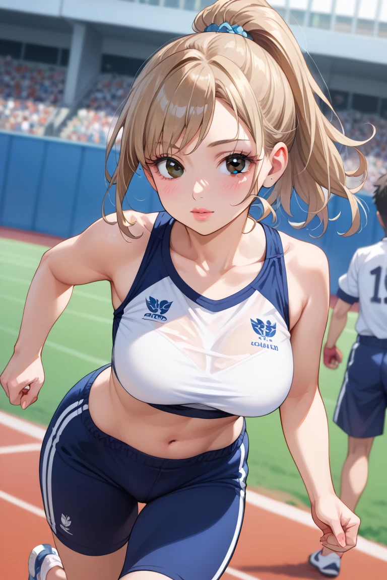 She barely wore makeup and wore training clothes, like gym clothes, light brown hair and green eyes.