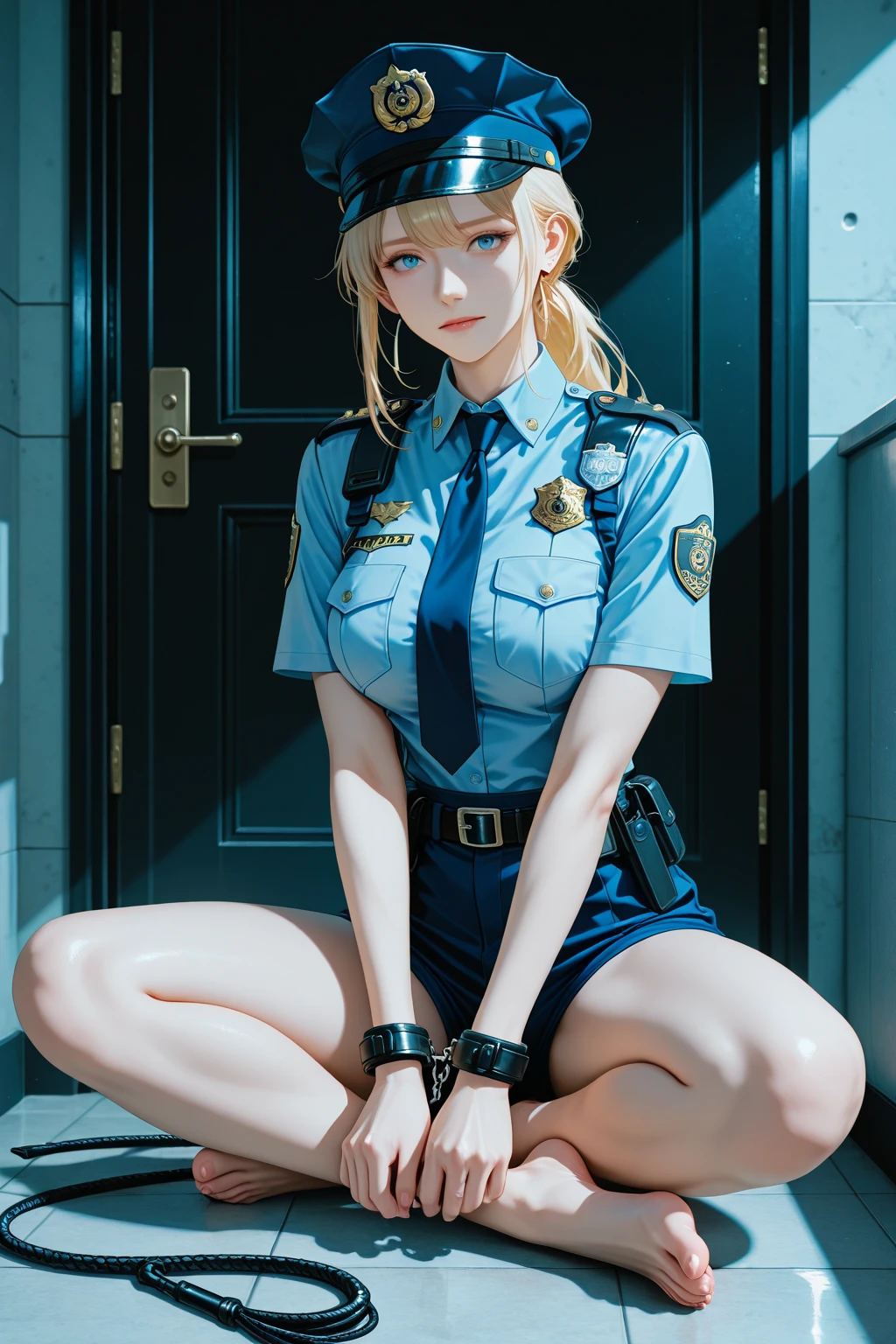 Cute blonde female with cop uniform on her knees