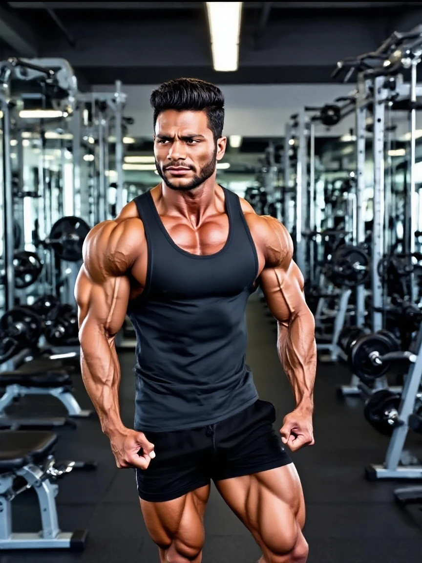 Vegeta anime, doing shoulders with weights in the gym 