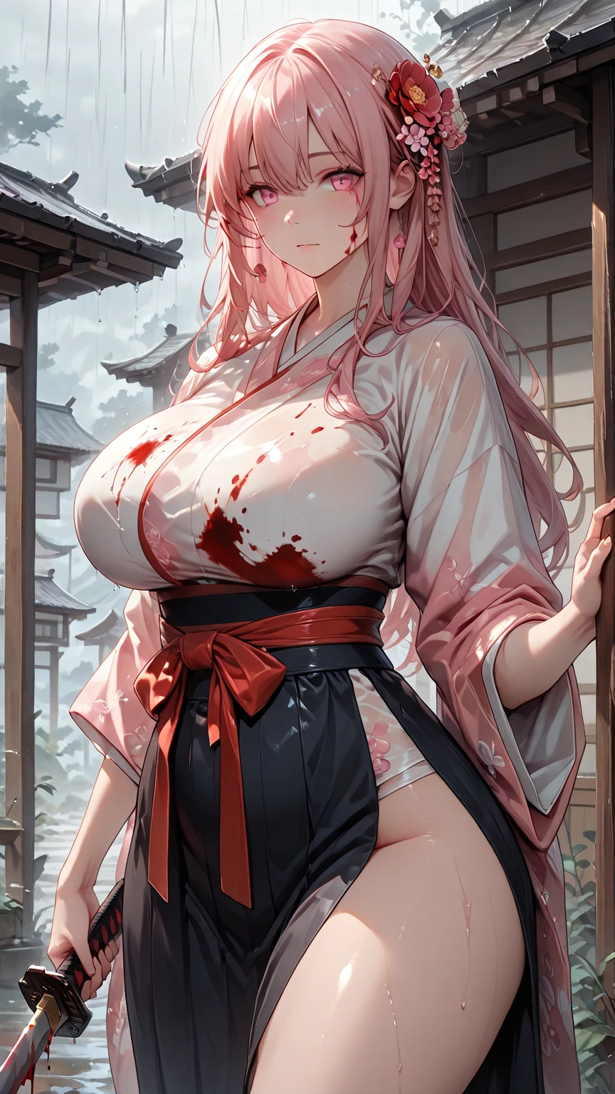 ((Best quality, 8K, Masterpiece: 1.3, 1girl, Beautiful girl)), cute, Dynamism, Detailed face, Detailed skin, detailed clothes, Detailed eyes, Detailed lips, Detailed tongue, Detailed fingers, Detailed mouth, Photorealistic, Raw photo, highres, Natural lighting, dynamic pose, perfect anatomy, toned legs, double eyelids, tear bags, round eyes, moist lips, sweaty, (yaemiko, pink hair, hair between eyes, japanese clothes, sideboob:1.5), rubber dress, skirt, erotic panties, earrings, half closed eyes, sticking tongue out, open mouth, drooling, cum on breasts, ecstatic face, ahegao:1.5, spreading legs, ((hands of men are grabbing her breasts, multiple hand)), men, slim body, skirt lift, lots hands of men are touching her body, cum in vaginas, cum on thighs, restrained arms with metal cuff and chain, steam:1.5, lace panties, close up, arms up, nsfw, peeing herself, pubic hair, dildo in vaginas, shape of nipple, lying on back, skirt lift