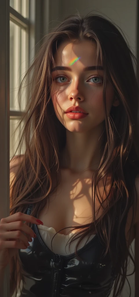 (((ultra realistic))) Photo, Masterpiece, Superior quality, (pale skin), (ultra detailed face and eyes.:1.3), 1 girl, adult, on a t-shirt, (eye makeup, mask) , ((big detailed lips)), ((ash wavy hair)), ((Chiolka)) , (natural breasts), thin waist. ((posing)), Sesión de Photos, studio (soft lighting), (The game of lights and shadows), depth of field, bokeh, (Special attention to leather details.: 1.2), detailed leather texture, skin pores. (Airy frame environment.. Color range: delicate, bright, White, Pink tones), DR, ((film grain)), ((good heavens)), ((sun glare)), ((portrait from the waist up, close to the camera)) , ultra detialed, panties