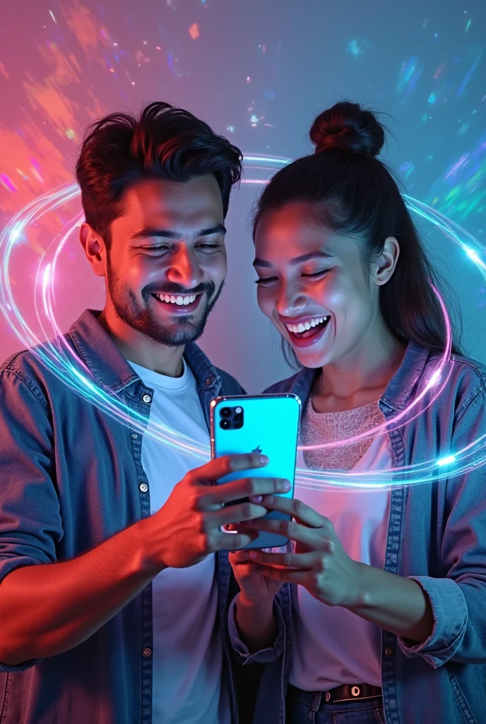 a before and after image. In the before frame, a man is holding a cell phone that says “gender transformation app”. In the after frame, he has transformed into a girly feminine woman doppelgänger of himself wearing a dress holding the same phone with the same plain background. She is euphoric with a rainbow aura around her