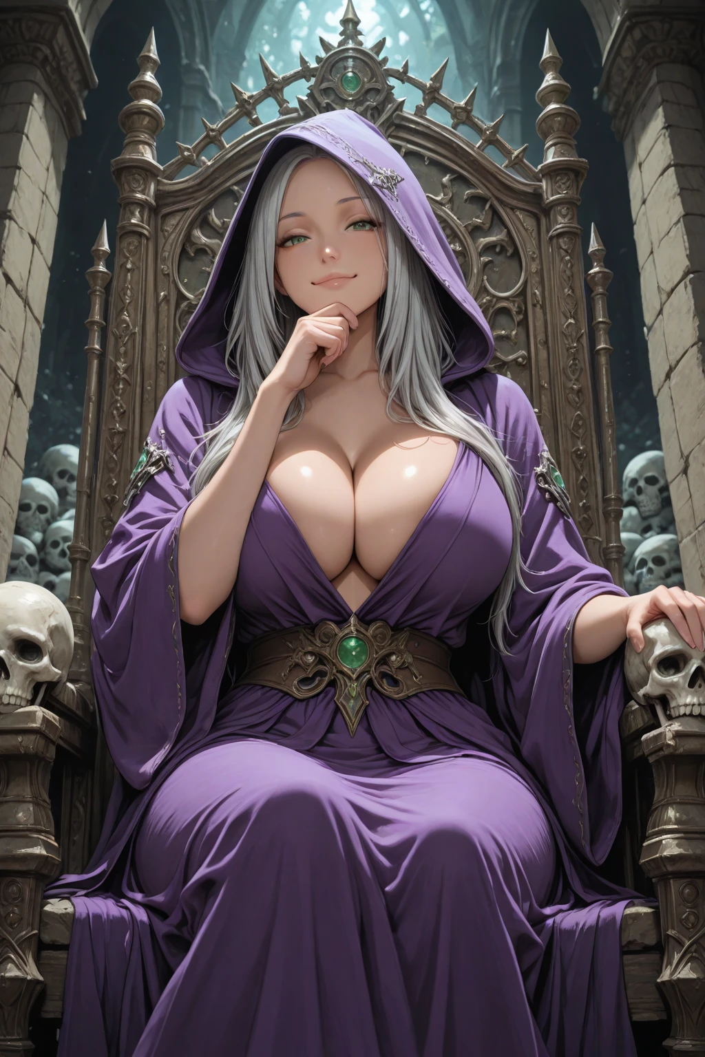 8K,超realistic,(table top, highest quality) Daniela Dimitrescu, 1 female, gray hair,Super beautiful(like the real thing),looking for at Viewer, open your mouth, silver hair, background,very big breasts,golden eyes, black and purple gorgeous outfit,cleavage, skin that looks real,jewelry, bright purple rouge underwear, looking for,  flower, wing, teeth and fangs, hood, necklace, cape, good, compensate, bug, lipstick, inside the black cave, precious stones, white skin, veil, hood up, realistic, black lips,ultra high resolution,Purple Flame(Purple effect),very big breasts,rich colors, Backlight, cinematic lighting, film grain, to be born, 50mm lens, Nikon D850,realistic skin,golden eyes,highest qualityのフォトリアリスティックなRAW写真。Bright colors,perfect woman image,big breasts closeup,whole body,Having a book,