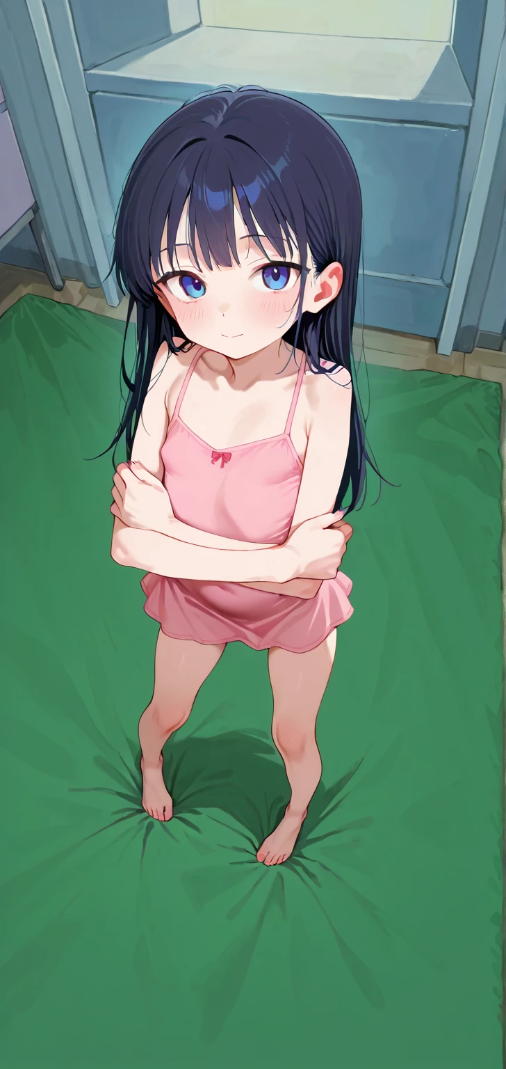 wearing randoseru backpack,,1girl, ,testicles,black hair,brown eyes,,one-piece swimsuit,in bedroom, ,smile,school swimsuit,twin tail,flat creast,half-closed eyes,rolling eye,blush,sweat,heavy breathing,masterpiece,view from above