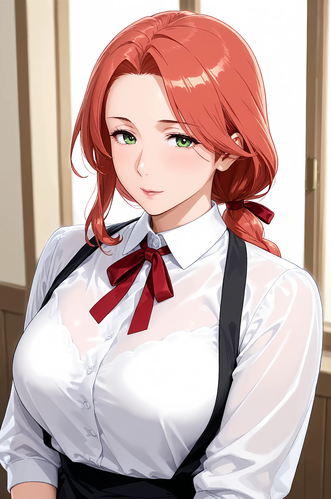 An anime girl with red hair and blue eyes wearing a skirt and an open shirt revealing a black and red bra