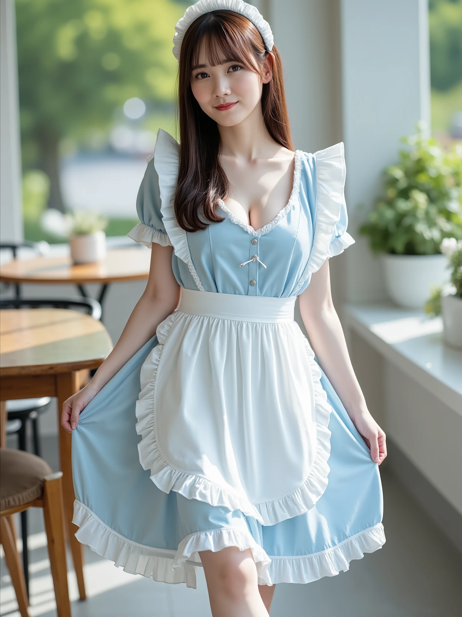 Modern Sweet Maid Dress,Light Blue Pleated Dress,white ruffle fringe apron,Bow decoration,Knee Length White Socks, Cute hair band ,bright sunshine falling,Comfortable Cafe Scene,Fresh natural style,(beautiful medium breasts :1.5),(beautiful cleavage :1.5)