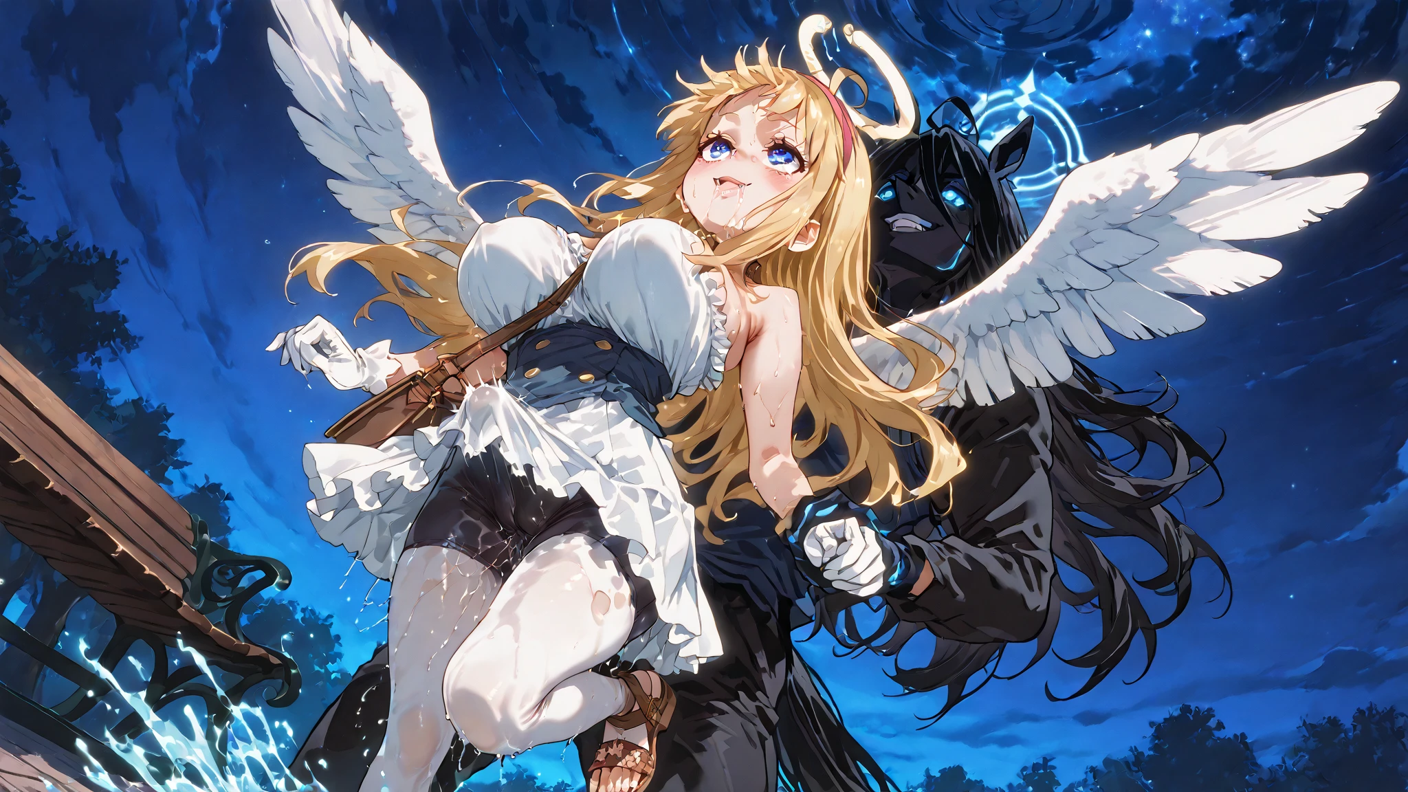 Anime characters with wings flying in front of a rock wall, anime big breast《kingpin》Albedo in , claymore anime background, screenshot from the anime film, Today's featured anime stills, animated still, screenshot from a 2012s anime, screenshot from ???? anime, still from tv anime, Albedo from Overlord