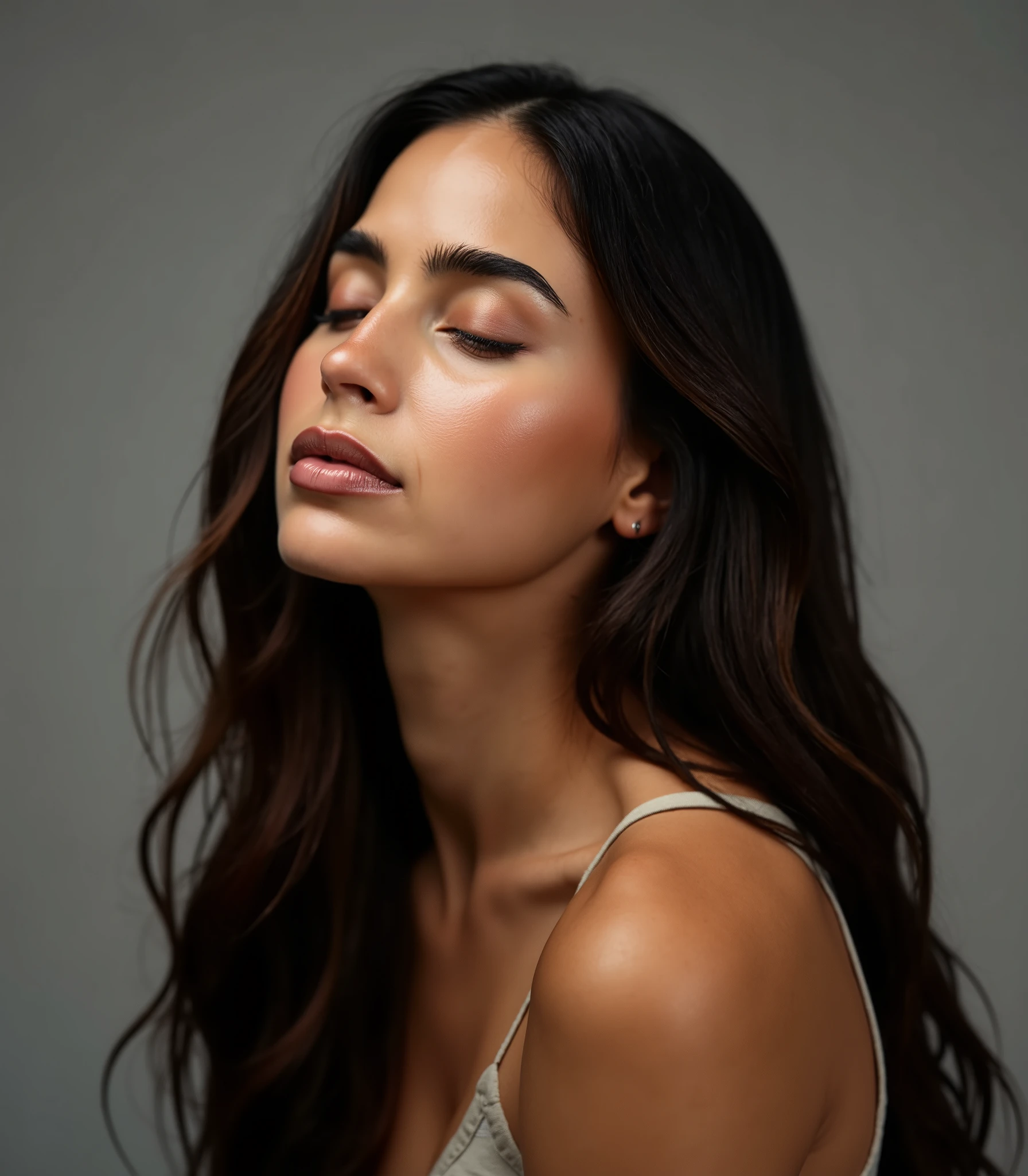 mel_barrera, A studio photography of a beautiful woman with her eyes closed, shot on sony a7riv camera, indoor, soft diffused studio lighting, minimalistic, photorealism, 4k resolution, ultra high quality, realistic proportions, low contrast, face focused, long hair
