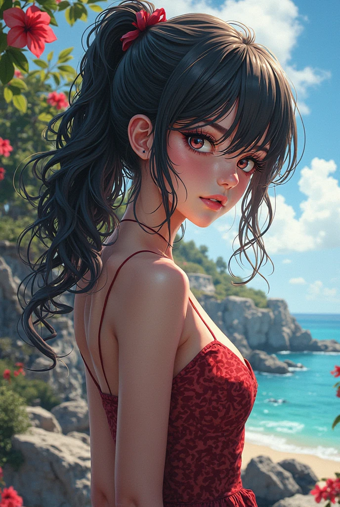1 girl, expression of great joy, smile, mesmerizing eyes, lipstick on lips hair, long wavy reds with braid, freckles, open shirt and fluttering short skirt with mandala and lace details, balanced posture, porcelain skin, subtle blush, crystal pendant BREAK golden hour, (rim lighting): 1.2, warm tones, reflection of the sun, soft shadows, vibrant colors, pictorial effect, dreamy atmosphere BREAK scenic lake, distant mountains, reflection, sunlit clouds, tranquil environment, idyllic sunset, ultra detailed, official art, unity 8k wallpaper, zentangle, mandala tattoo