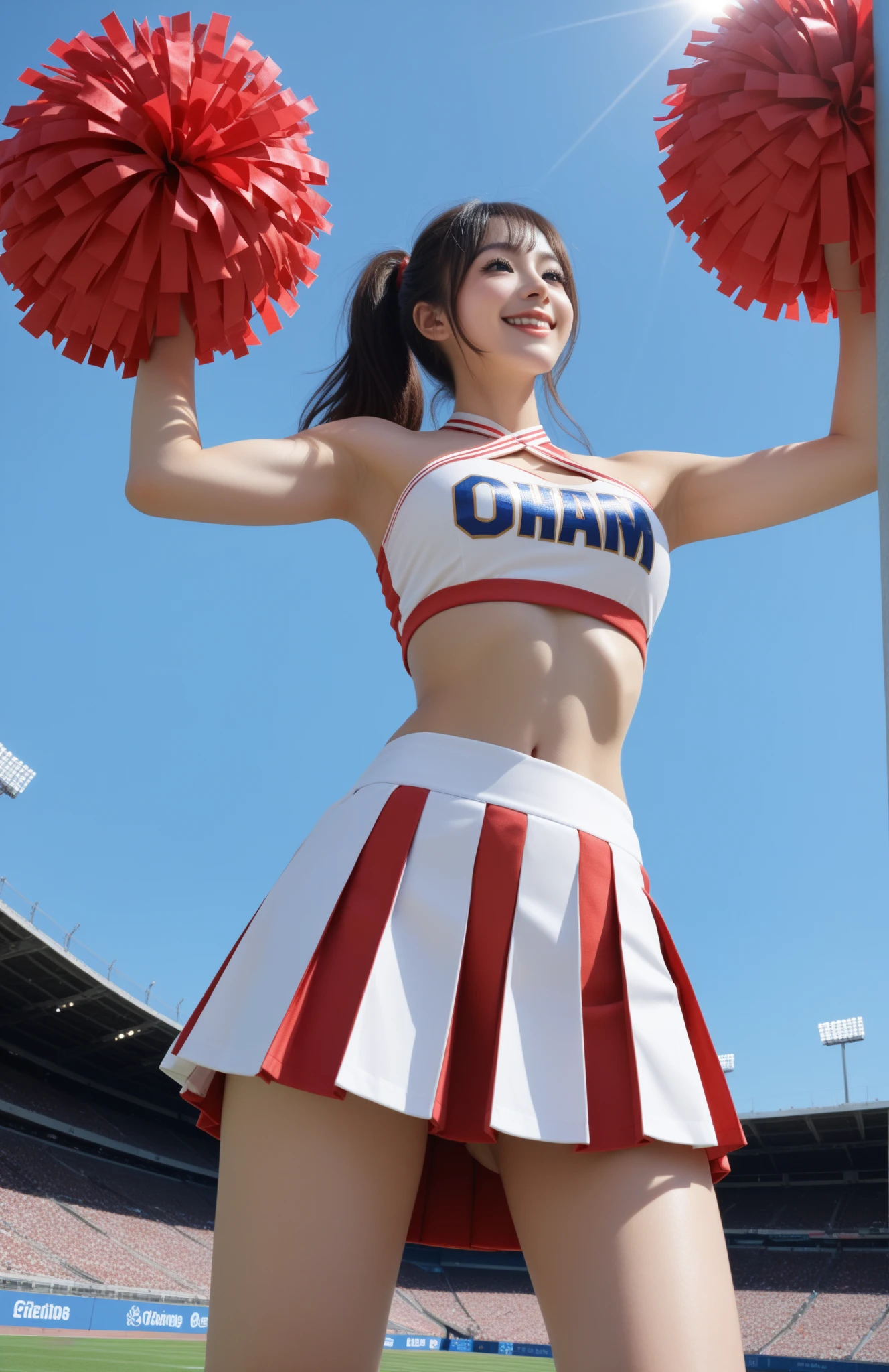 ((mini skirt:1.3)),(((topless:1.3))),(((show panties:1.3))),((Cheerleader:1.3)),(highest quality,4k,8K,High resolution,masterpiece:1.2),1 beautiful woman,16 years old,35mm lens,f/1,realistic chest,(((seductive pose))),soft sunlight,bright colors,playful expression