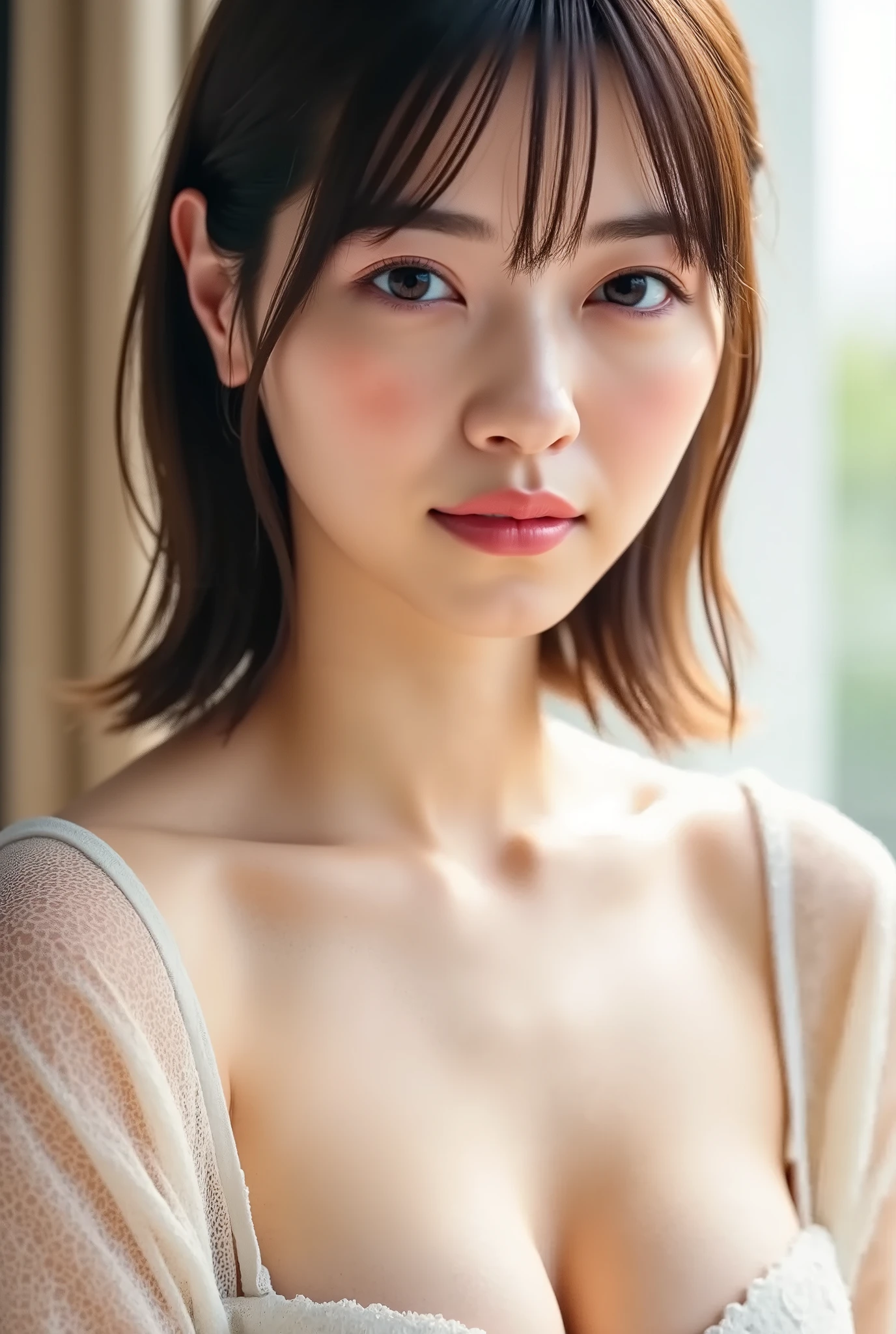 (masterpiece),(Highest quality:1.2),(Very detailed:1.2),(High resolution),(Photorealistic Stick),(RAW Photos),8K,Backlight,(Depth of written boundary),(Sleek lighting:1.2),Close-up of a clothed woman,Soft portrait shots,Beautiful Japanese Women,Gorgeous face portrait,(Eye light,Sharp pupils,Detailed eye drawing,)Very beautiful face,(Detailed skin texture:1.3),Beautiful portrait,A lovely and delicate face,Beautiful young Japanese woman,Short Bob,Look this way,front,(POV shot),(sleepy)