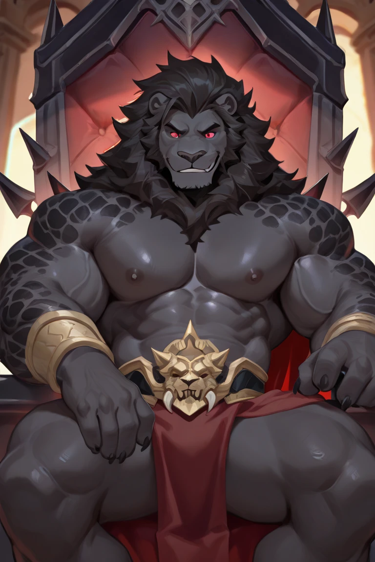burly virile bulky man, overmuscular and musclebound, bulging veiny muscles, broad shoulders, wide chest, overly thick arms and legs, thick body, a hulking figure with swelling muscles, a long bushy beard and a thick mustache, grey hair, a king sitting on his throne, high detail, medieval, realistic, detailed face, clear countenance