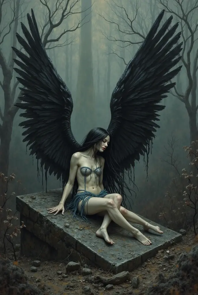 epiCSepia, a sad female fallen angel with broken black wings in a foggy swamp, squatting, looking down, skulls and roses, closed eyes, dystopic, highly detailed, (high detailed skin:1.2), vibrant colors, intricate, ultra hd, sharp focus, F4, Luis Royo style, film grain, Fujifilm XT3 <lora:add-detail-xl:1> <lora:epiCSepia:1>