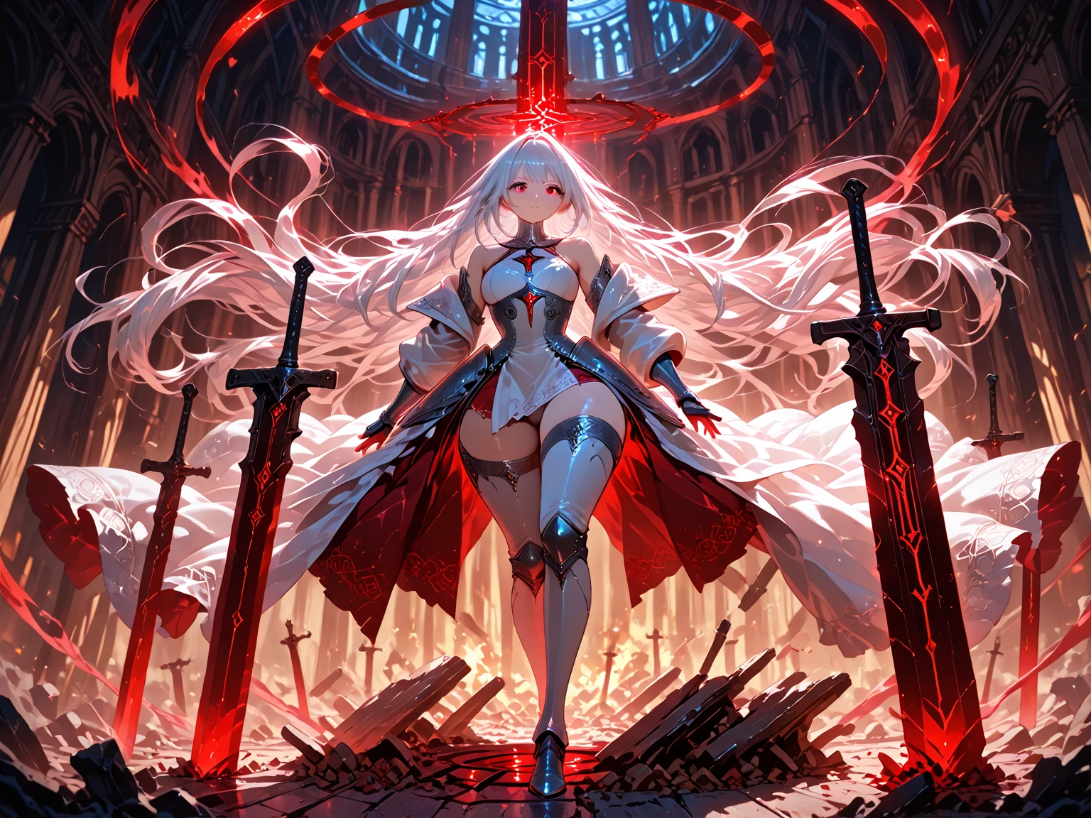 ((best quality)), ((masterpiece)), (detailed), 1girl, Character design, female, dynamic poses, long white grey hair, grey white eyes, very skinny, detailed, best quality, no accesoires around the neck, no shoes, prominent collarbones, skinny arms, flat stomach, visible hip bones, full body, blank white background, plain background, white background, red and white clothing, Bloodborne inspired, occult aesthetic, occult, detailed and intricate steampunk and detailed gothic, NSFW, Very dramatic and cinematic lighting, cosmic horror, grim-dark, side-lighting, perfect face, NSFW, Fluttering lace flared long knee length dress with frilly petticoats, knee length dress, pleated petticoats, petticoats gothic, complex lace boots, side-lighting, gothic aesthetic, wielding a mighty sword with mechanical components, mandalas, a fairy, various different types of insect wings, NSFW, full body, whole body, body, plain background, white background, blank background, no background, white background NSFW, chains, full body, whole body, head-to-toe NSFW