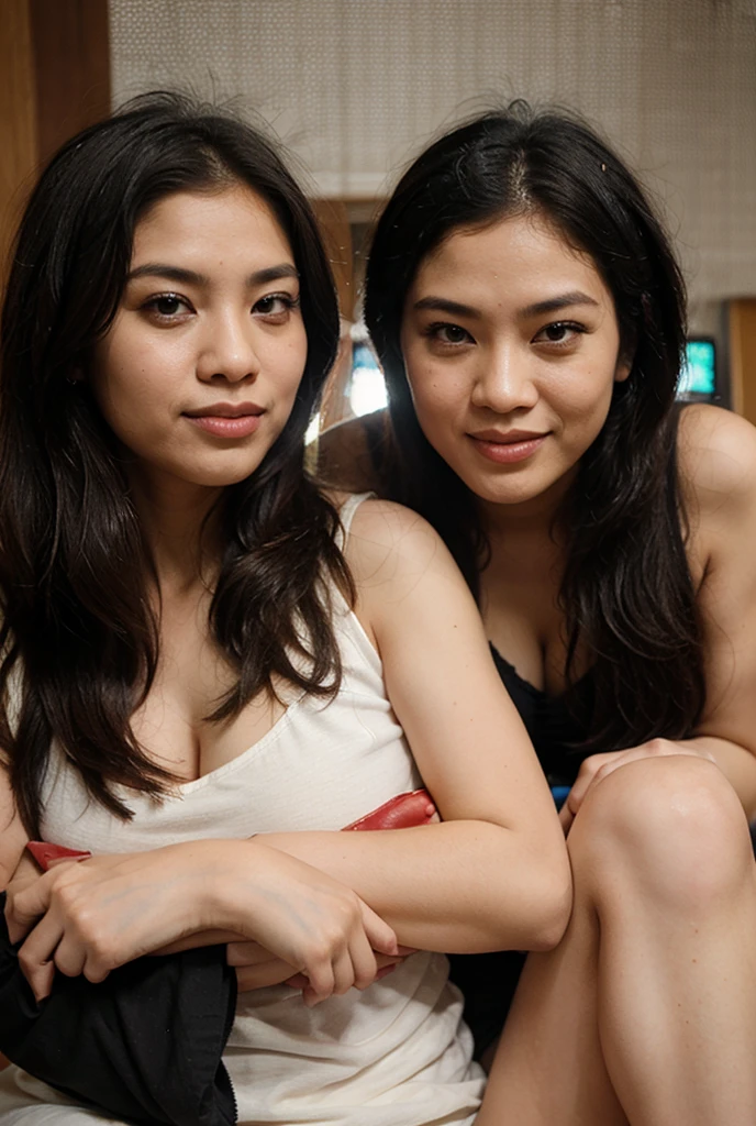 " 2woman, 35 Years Old, Indonesian , Lesbian Scene, Tank Top, big , full body, Curvy body, sharing Passionate hug and eating pussy