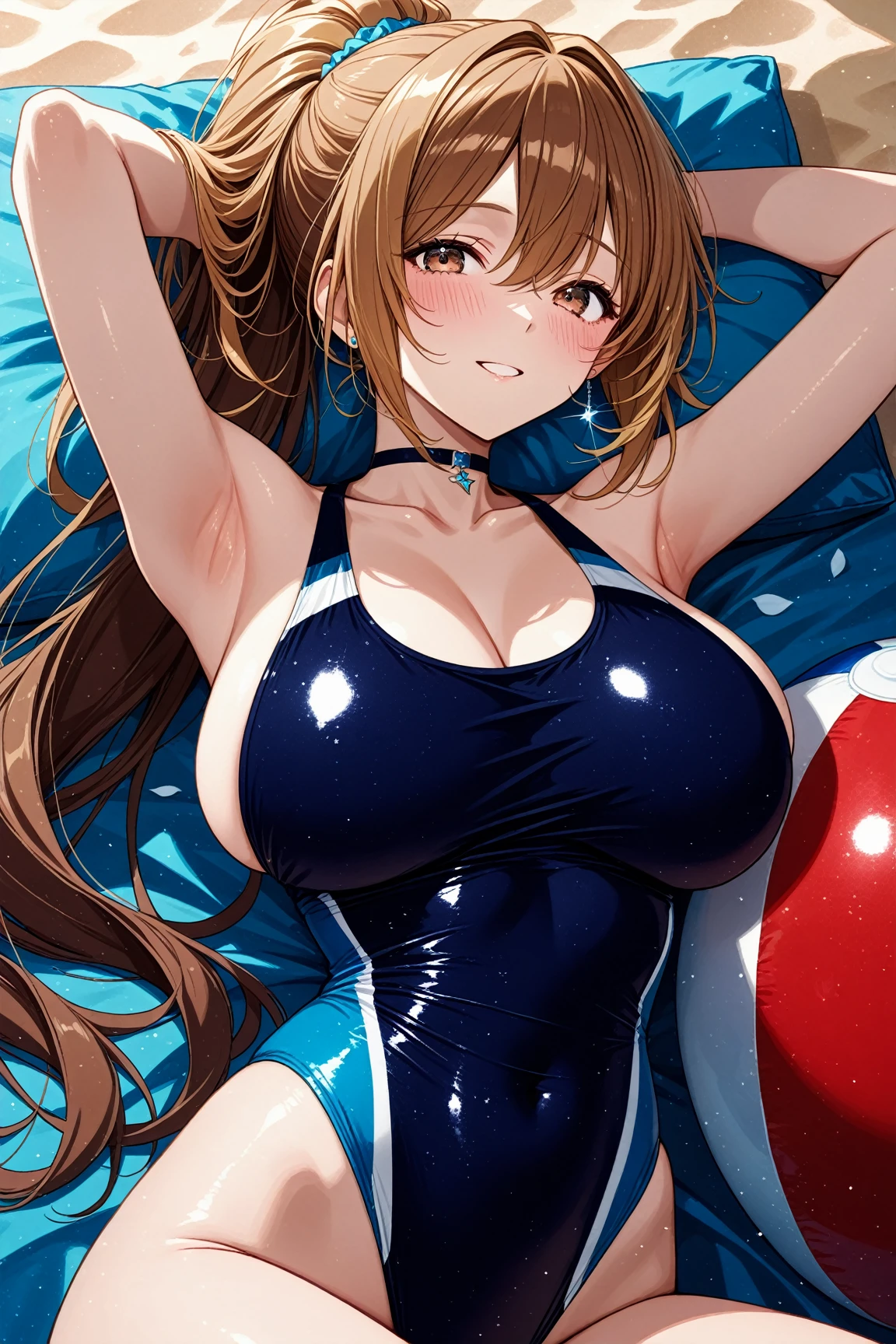 1 woman,bronde hair,blue eye,medium wavy hair,forehead,gigantic breasts,smile,parted lips,red plunging swimwear,standing,from behind,open legs,sweat,beach side,