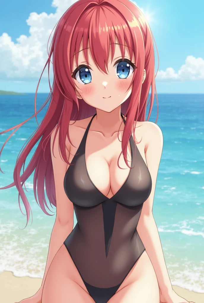 ((massive boob)), cleavage, chubby, big butt, see through bikini, sweaty, cute face, small face, summer, long hair, red hair, pony tail, girl, sweaty, blue ocean, blue sky