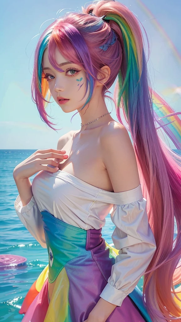 RAW, Masterpiece, Super Fine Photo, Best Quality, Ultra High Resolution, Photorealistic Photorealism, (Full Body Portrait), Straight Face to Lens, (Pink Fashion T-Shirt: 1.9), (Colorful Hair: 1.8), (Rainbow All Colors: 1.8), (((Vertical Painting: 1.6))), (Painting: 1.6), Front, Manga, Illustration, Painting, Big Eyes, Crystal Clear, (Rainbow Gradient High Ponytail: 1.7), Delicate Makeup, Shut Up, (Small Fresh: 1.5), (Bandeau: 1.6), Long eyelashes, white shoulder T- shirt, White Shoulder Shirt, looking at the audience, big watery eyes, (rainbow hair: 1.6), color splash, (solo:1.8), color splash, color explosion, colour splash, color explosion, thick lacquer style, messy lines, ((shining)), ( colorful), (colorful), (colorful), colorful, Thick Paint Style, (Splash) (Color Splash), Vertical Painting, Upper Body, Paint Splash, Acrylic Pigment, Gradient, Paint, Highest Image Quality, Highest Quality, Masterpiece, Solo, Depth of Field, Face Paint, colorful clothes, (Elegance: 1.2), Gorgeous, Long hair, Wind, (Elegance: 1.3), (Petals: 1.4), (((Masterpiece))), ((Best Quality))), (Ultra Detailed)), (Illustration), (Dynamic Angle), ((Floating)), (Paint), ((loose hair)),(solo),(1girl), (detailed anima face))),