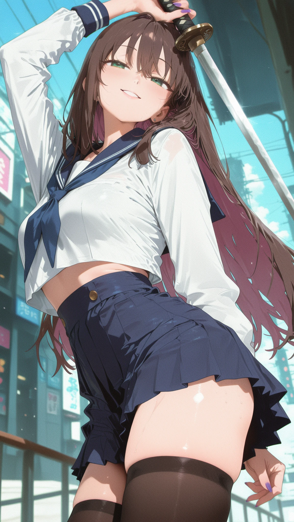 ((table top, highest quality, High resolution, nffsw, perfect pixel, 4K, nffsw, nffsw))), 1 girl, single, alone, beautiful woman、I could see the whole body、 ((middle wavy hair, bangs, brown hair)), ((brown eyes, beautiful eyelashes, realistic eyes)), ((detailed face, blush:1.2)), ((smooth texture:0.75, realistic texture:0.65, realistic:1.1, Anime CG style)), medium breasts, dynamic angle, perfect body, ((red bow tie, school uniform, , white shirt, black skirt, plaid skirt)), City staircase、Angle looking up from the bottom of the stairs、Very embarrassing panic smile、Open your mouth and make a surprised face、 looked back、leaning forward、(The wind flipped my skirt and exposed my butt............................、stick out your butt、Touching the buttocks with both hands、pink lace panties)、