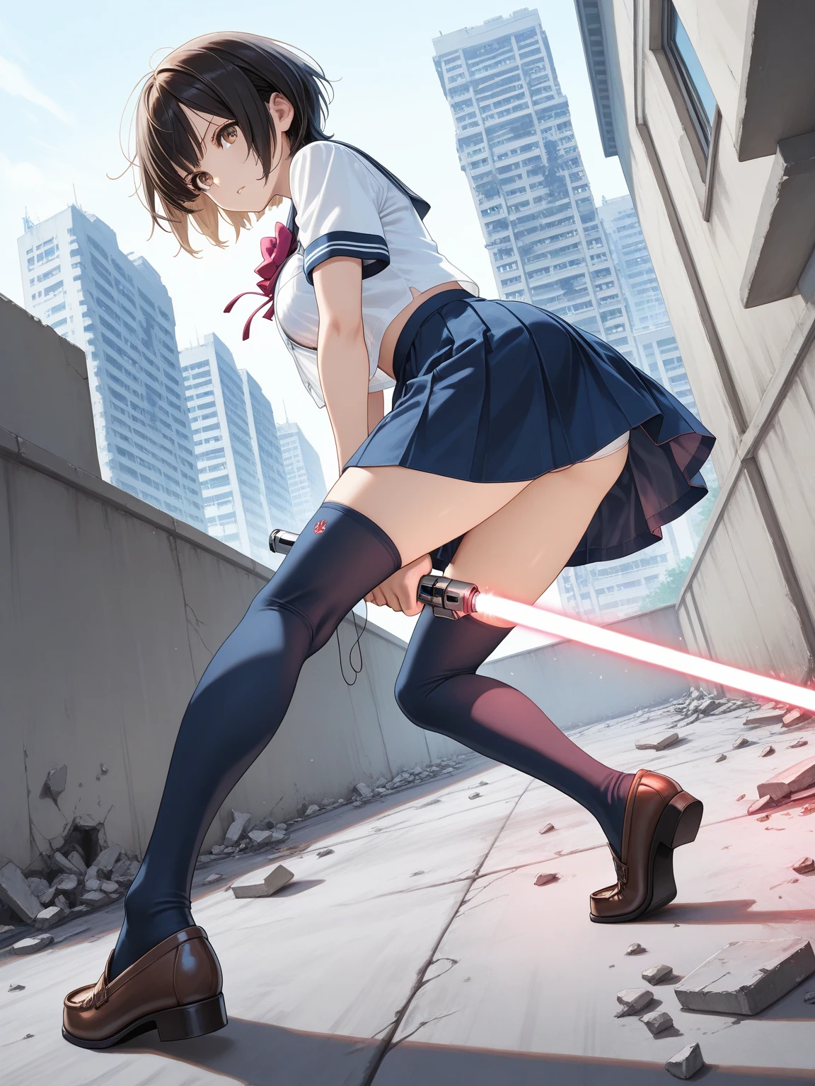 Misaka Mikoto、masterpiece, highest quality, High resolution ,Stains on panties、 downShot, mini skirt, Pleated skirt, Knee socks, ass pov, Cowboy Shot, Showing panties, Showing off your ass, Look Down, close, Huge breasts, Thick thighs, Stick your butt out, Big Hips, Low Angle, Huge Ass, My butt is too big to fit into the skirt, Orgasmic face, Looking at the audience, From behind, From below, Look Down, make out, Grab your ass, Put your hands on your buttocks, striped panties, Squat with your legs apart
