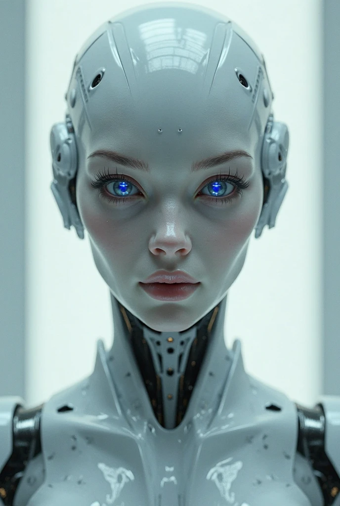 white polymer futuristic android. gynoid, pastel colors, neotech, sleek, photo of a beautiful cyborg, bald plastic white android (upper body) with blue eyes (RAW photo), (high detailed skin:0.8), Ray Tracing, hyper realistic, dramatic, 8k uhd, dslr, soft lighting, high quality, film grain, Fujifilm XT3