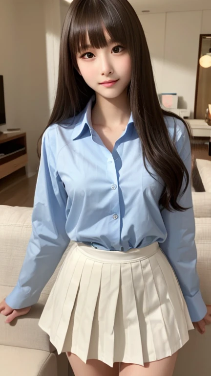 Highest quality、Realistically、Glowing Skin、Japanese women、Early 20s、Gravure idol、Her Room、Spread your legs wide、Sweets-themed uniform、shirt、Sweets skirt、underwear、Good body、Seductive expression、
