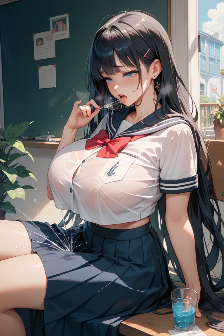 (in the dark:1.6) , big breasts , big tits , school girl Soak in water , skirt dark red , plaid skirt , pleated skirt , red knot , red bow