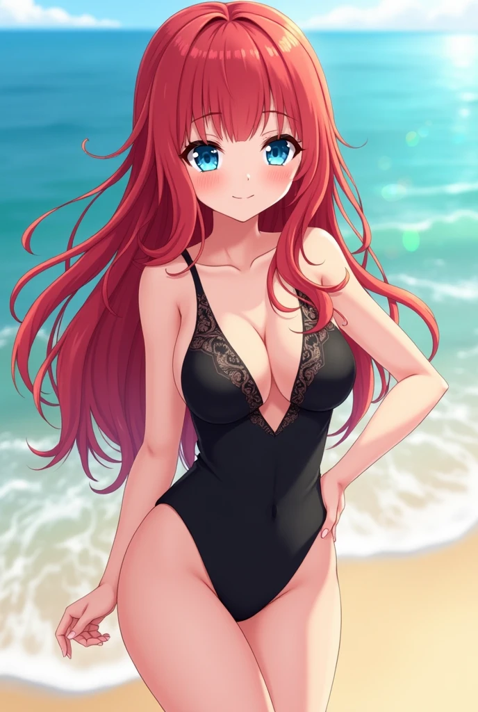 obra maestra, calidad HD, digital ilustration, chica anime, cabello rosa, small horns, grandes pechos, playa, cielo azul