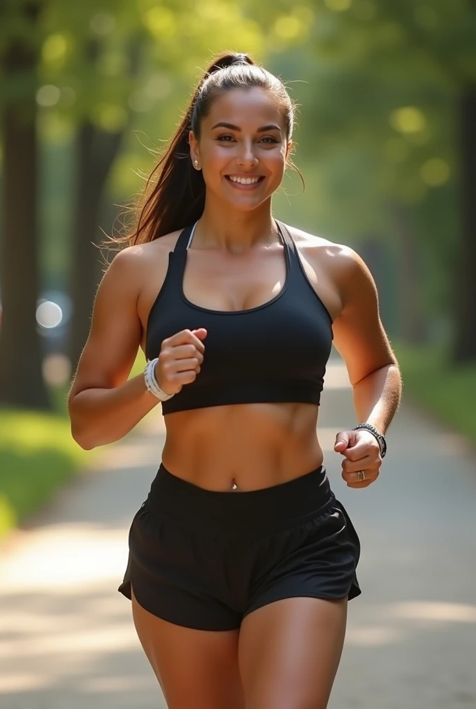 (masterpiece, best quality:1.4), (super sharp photo:1.4), highest quality, face focus, soft light, (realistic:1.5), surreal, very natural, ultra-sharp photo, highly detailed, detailed, highest resolution, 8K wallpaper, perfect dynamic composition, standing, huge breasts, lifted buttocks, sexy athletic outfit, natural makeup, smiling, beautiful detailed eyes, natural lips, natural gaze, glamorous body, tight short-sleeve V-neck top, short running shorts in random color, female runner, outdoor running scene, random location, full body, facing forward, with her hips slightly sticking out, natural running pose, hidden fingers, hidden hands.
