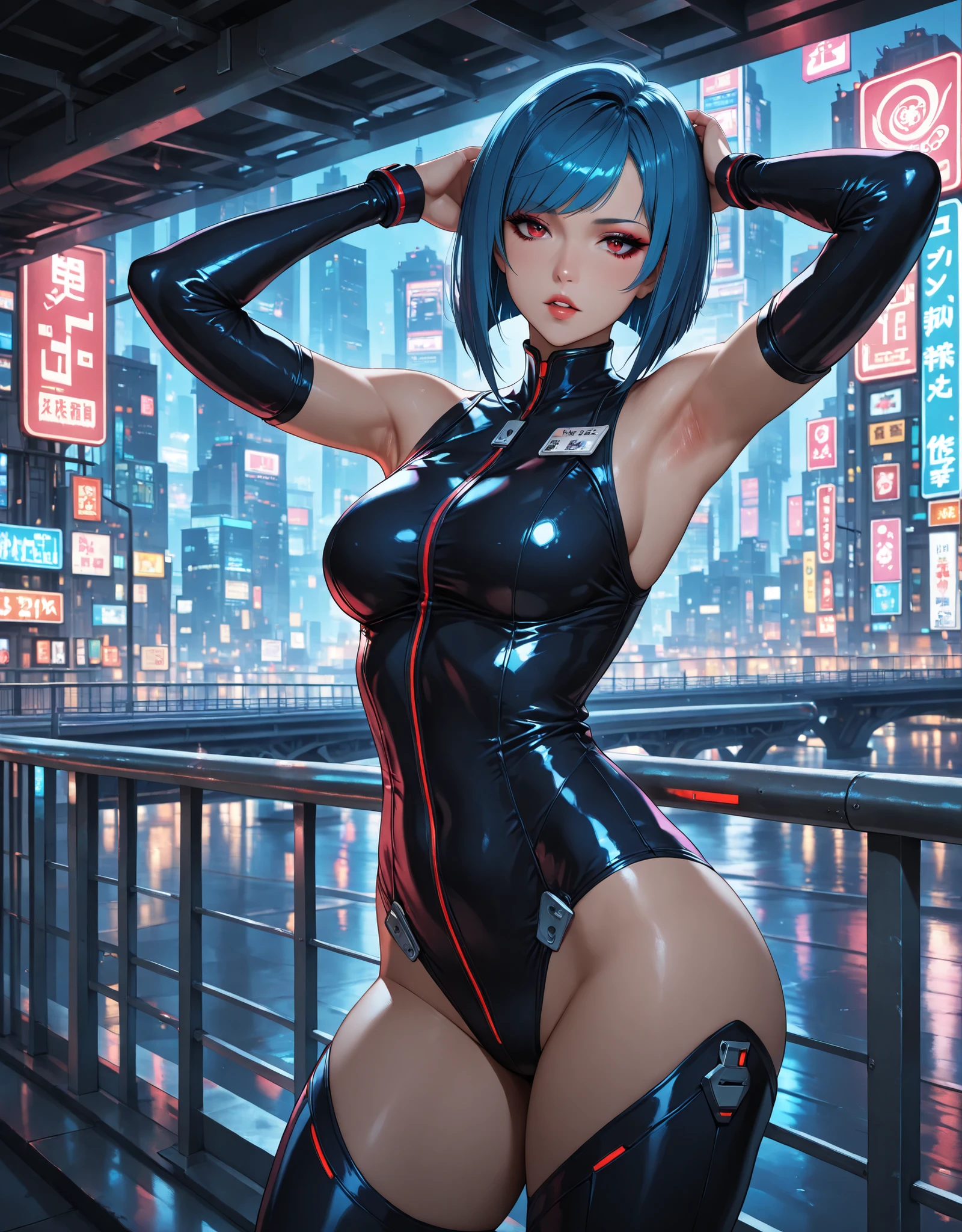 (photorealistic:1.8, highest quality:1.8,8K masterpiece:1.8,High resolution,muste piece:1.8,RAW Photos,cinematic lighting),
cyber punk、Back alley at night in the city、rain-soaked ground、vapor、
(1 android girl:1.3)、Completely naked、Heart-shaped nipples、bondage、choker、knee high tights、Nipple piercing、beautiful butt,beautiful thighs,plump nipples,Nipples are visible through the costume、(Rei Ayanami)(character focuidium Hair:1.2,Beautiful shining blue lime hair:1.5)、
(elation:1.4)、Disdainful、
plump nipples、(cameltoe),No split screen,slender abs:1.2,(Young sensual gravure idol)