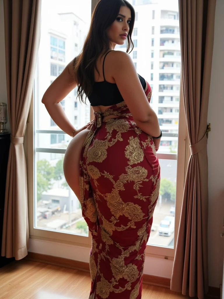 1 woman, 20 years、hyperdetailed face、Detailed lips、A detailed eye、double eyelid、(Ponytail with bang hair、Smiling as you walk slowly down the hallway)、(Malay traditional baju kurung dress:1.2)、(flower pattern 1.2) (Glamorous body)、(Colossal tits)、thighs thighs thighs thighs, Perfect fit, Perfect image realism, Background with: (Malay eid celebration:1.2), Cowboy Shot, In-depth background, detailed costume, Perfect lighting、Hyper-Realism、(Photorealsitic:1.4)、8K maximum resolution, (masterpiece), highly detailed, Professional, butt facing camera, waist shot, (spreading legs 1.5)