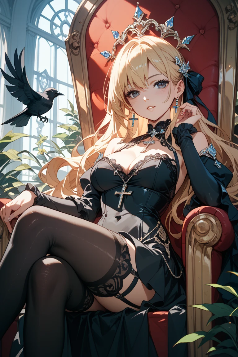 (masterpiece, top quality, best quality, official art, beautiful and aesthetic:1.3), (8k, best quality, masterpiece:1.2),(full body:1.3) (large breasts:1.2), long hair, black thighhighs, high heel, (microskirt:1.1), garter belt, dragon's horn,dragon's wing, golden hair
