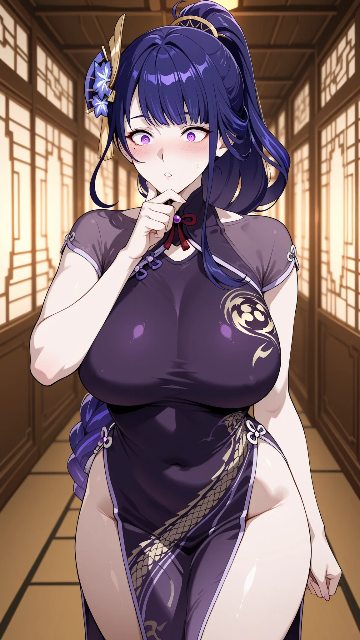 seilah, seilah, long hair, horns, purple hair, facial mark, forehead mark, headband, BREAK cleavage, japanese clothes, horns, choker, wide sleeves, kimono, sash, tattoos, BREAK cowboy shot, looking at viewer, BREAK outdoors, BREAK (masterpiece:1.2), best quality, high resolution, unity 8k wallpaper, (illustration:0.8), (beautiful detailed eyes:1.6), extremely detailed face, perfect lighting, extremely detailed CG, holding breasts, hand in breasts, hands on own breasts, bouncing breasts, seductive smile, nipples, breasts out, navel, undressing, nude, stomach, pussy
