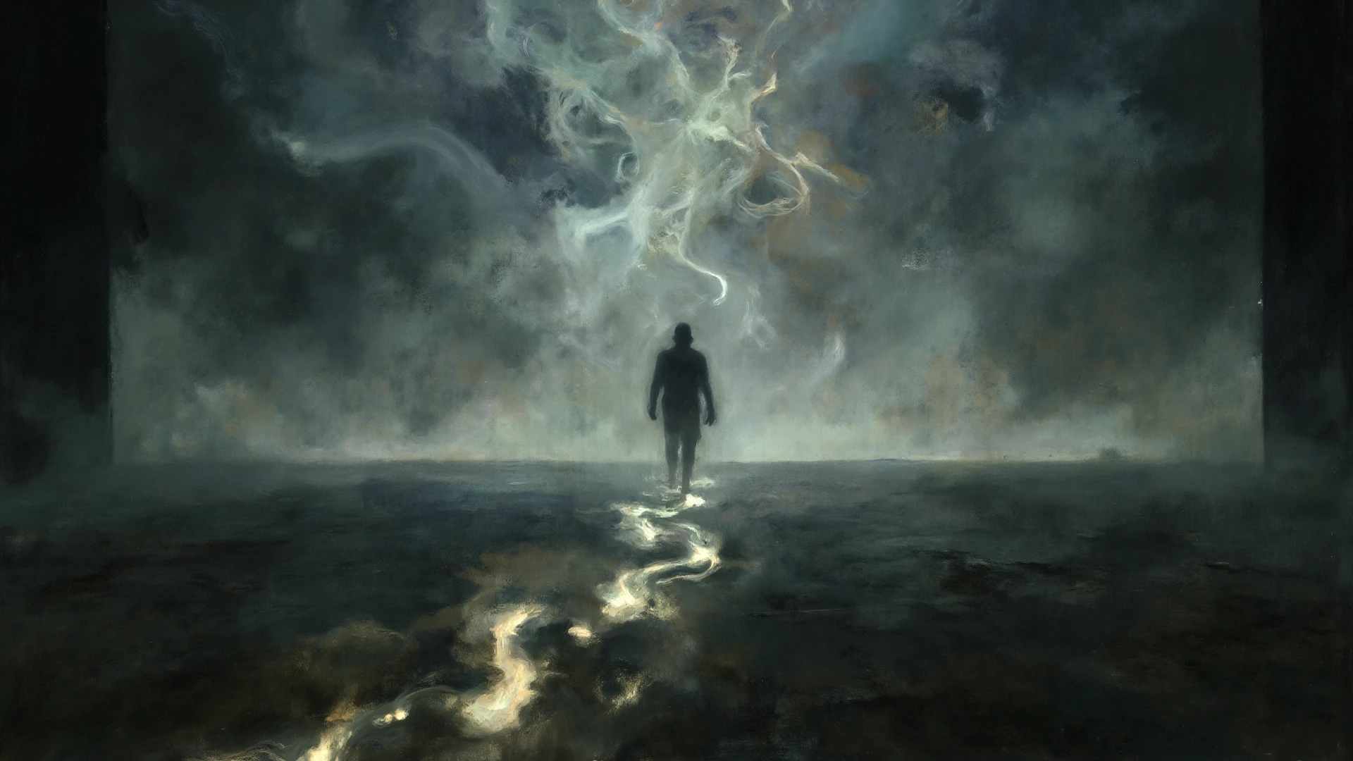 Create a deeply emotional and visually striking album cover that embodies the themes of self-discovery, pain, betrayal, and resilience found in the songs 'ALMA QUEBRADA,' 'LUXURIA,' 'LOLITO,' 'VIDA EM PEDAÇOS,' 'EU NASCI ASSIM,' and 'MARCAS INVISÍVEIS.' The scene should feature a vast, dark landscape under a stormy, tumultuous sky. In the foreground, a shattered mirror or fragments of glass are scattered across the ground, each reflecting a different scene or emotion: a faint light breaking through heavy clouds, a lonely piano with keys illuminated by a soft glow, swirling neon lights suggesting the seductive allure of the night, and blurred, shadowy figures representing the pain of betrayal and the struggle for identity.

In the distance, a lone figure stands, partially obscured by mist, representing the internal journey and the invisible scars that remain. The sky above is a blend of deep blues, purples, and grays, with hints of dawn and neon light subtly breaking through, symbolizing hope amidst the darkness. Abstract waves of light and shadow intertwine throughout the image, connecting the various elements and evoking a sense of movement and emotional depth. The image should be free of any titles or text, allowing the visuals to fully convey the depth and complexity of the music.